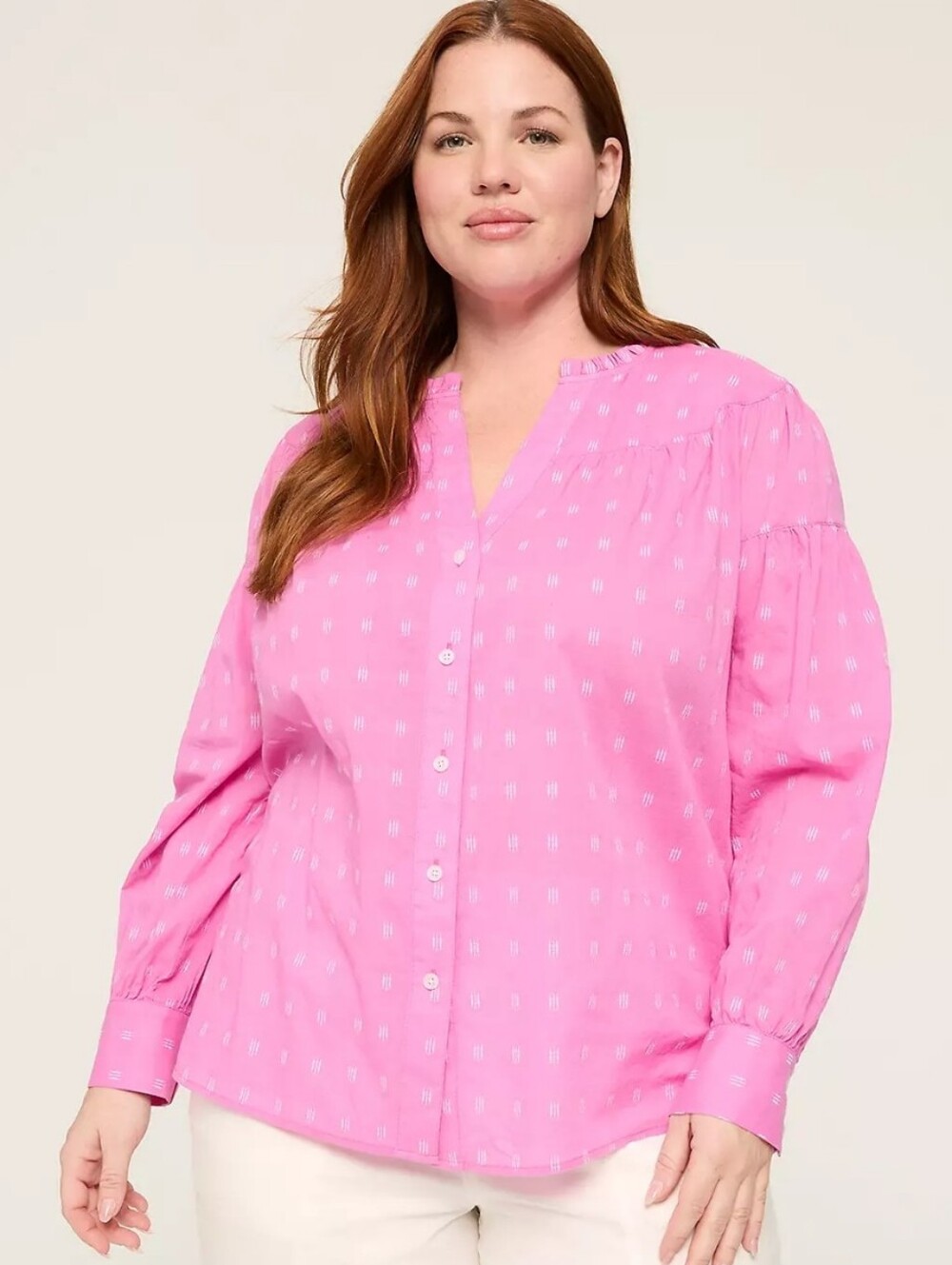 Lane Bryant Pink and White Cotton Button-Front Blouse